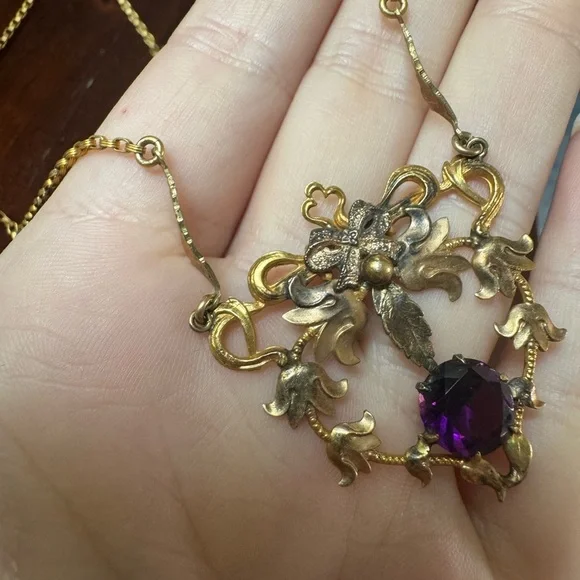 Edwardian Victorian Antique Gold Filled Amethyst Glass Mourning Jewelry Necklace
